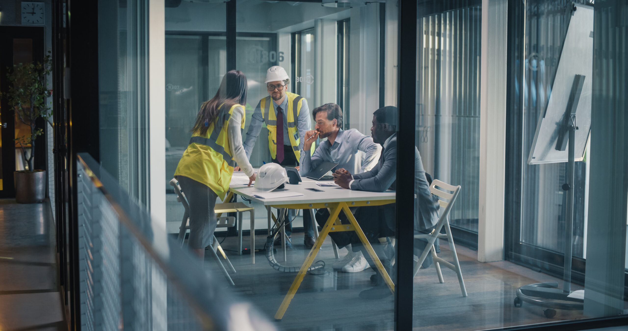 Project Managers and Engineers Meet in a Glass Office to Review Construction Drawings, Plan Site Work, Align Budget and Schedule, Assess Safety and Risk, and Coordinate Communication for Business